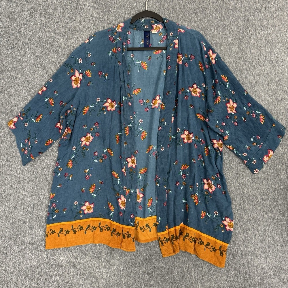 Blue Rain Floral Kimono Cardigan Boho Duster Blue Orange Size L
